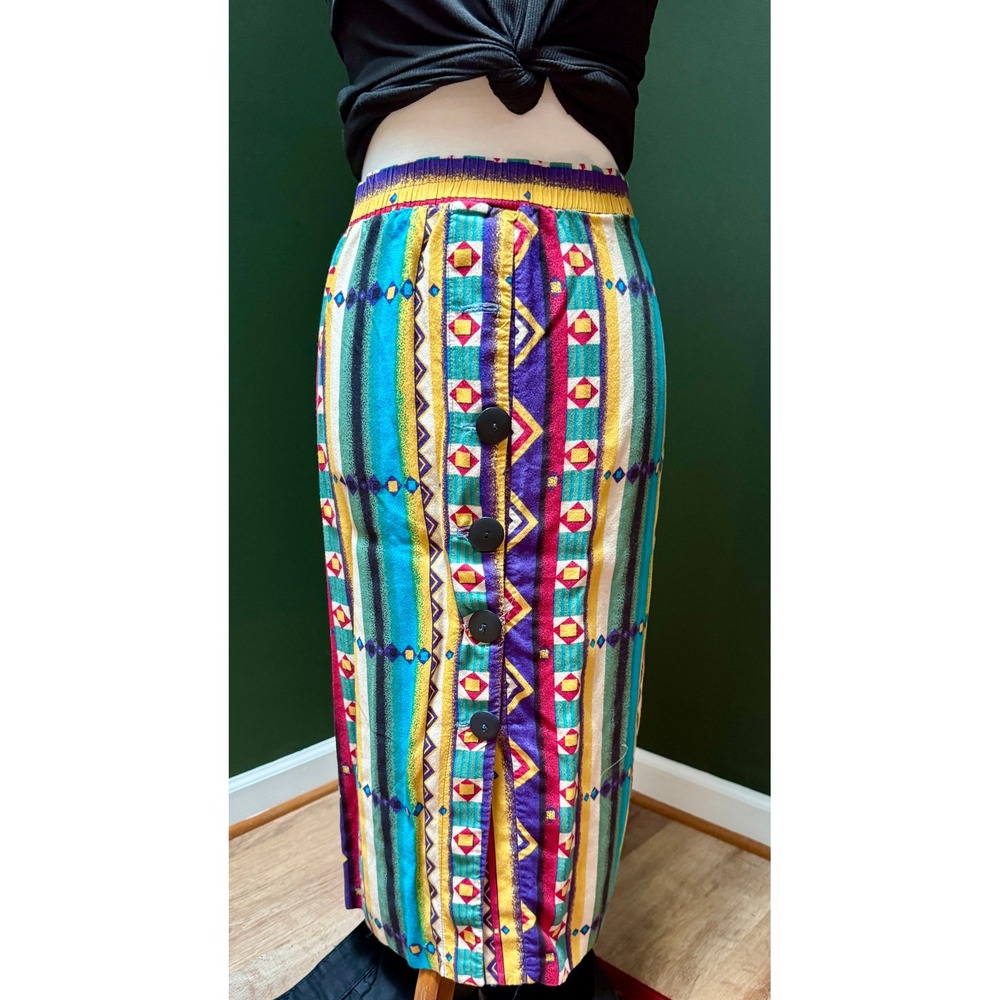 Vintage Button Front Colorful‎ Print Elastic Waist Midi Skirt